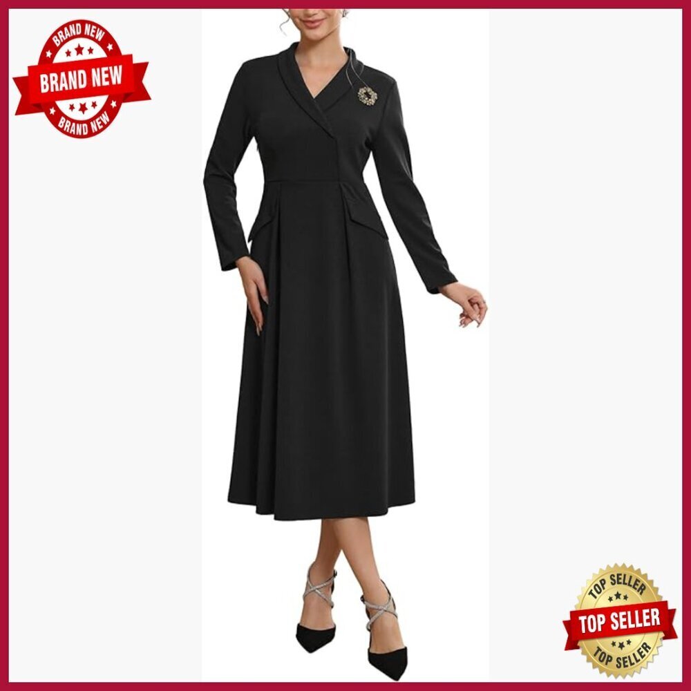 Long Sleeve A-Line Formal Work Dress with Detachable Brooch Collar